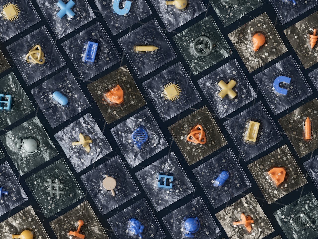 Abstract arrangement of 3D technology icons on a grid showcasing AI and digital concepts.