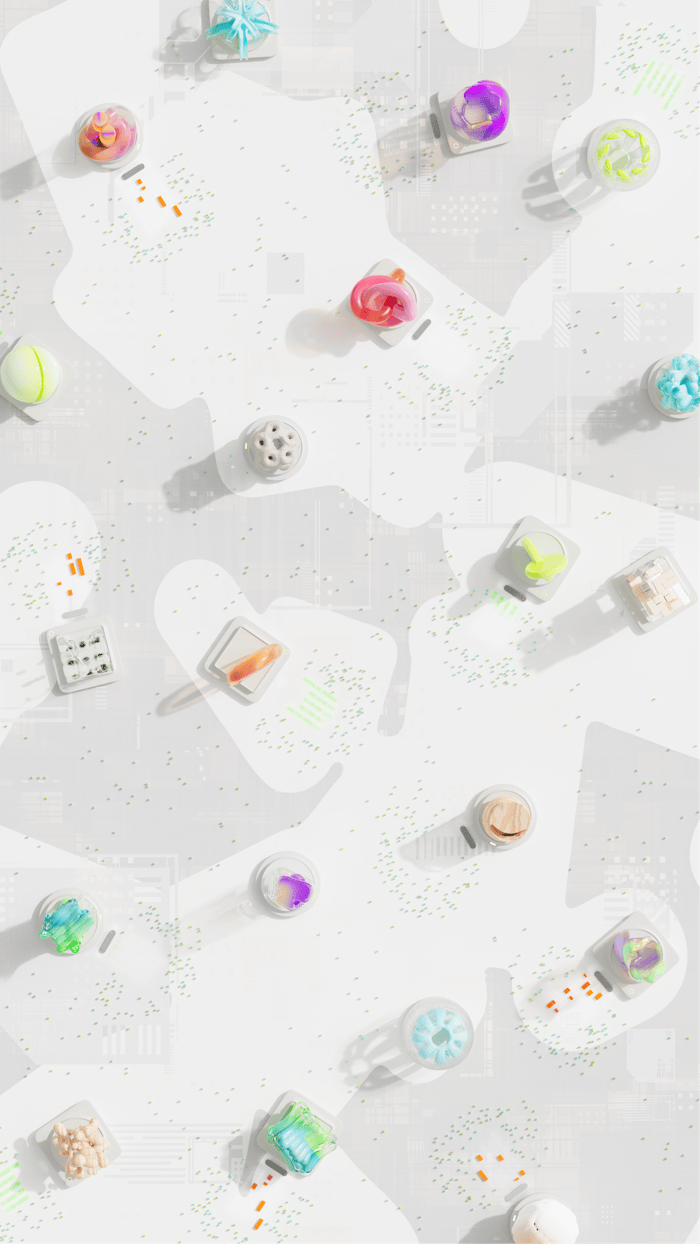 Creative flat lay of vibrant 3D objects on a white backdrop.