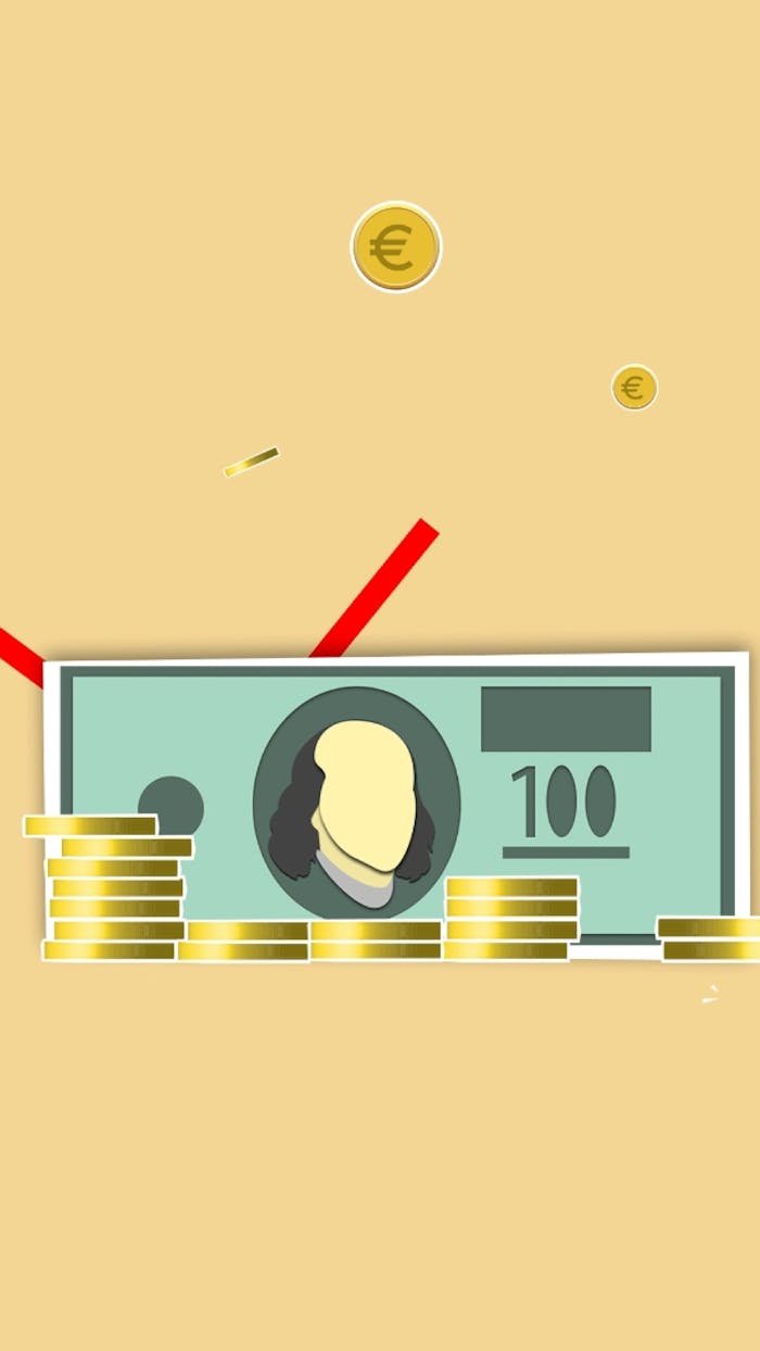 Creative illustration with dollar bill and coins representing financial concept on yellow background