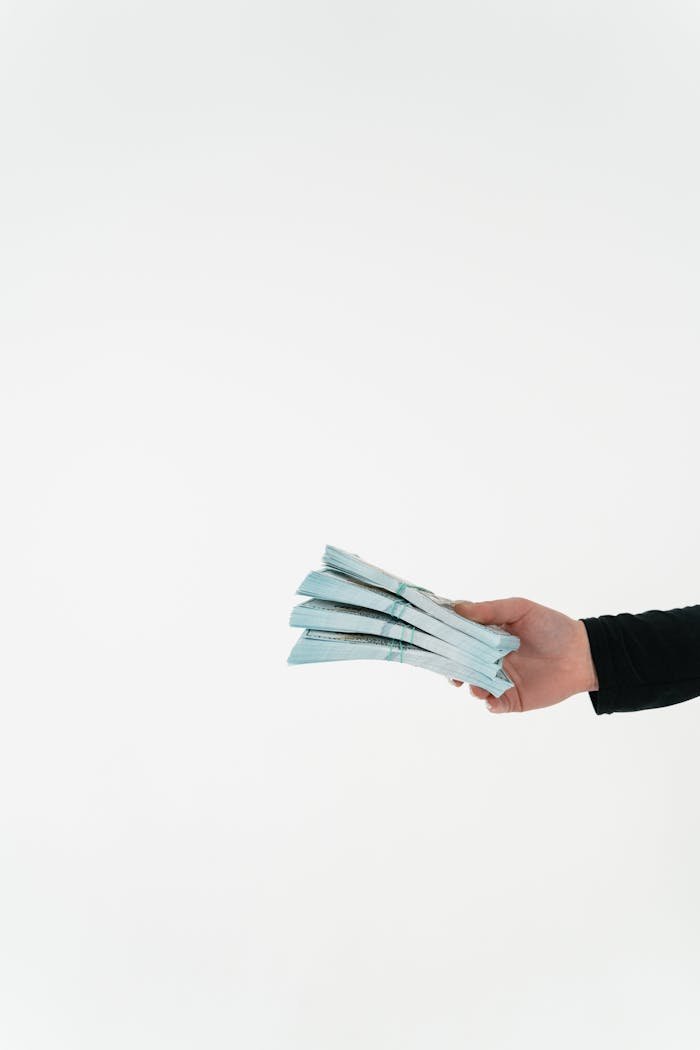 A hand holding a bundle of banknotes against a plain white backdrop. Ideal for financial concepts.
